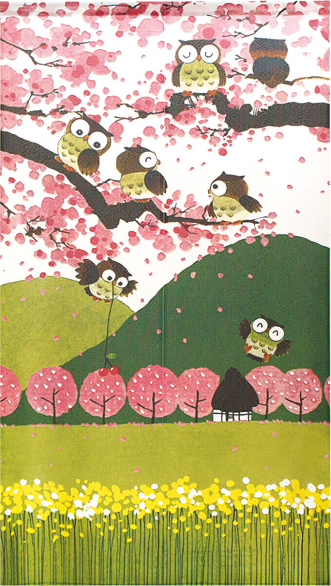 Made to order Premium Japanese Noren Door Curtain Owls in Spring scenery