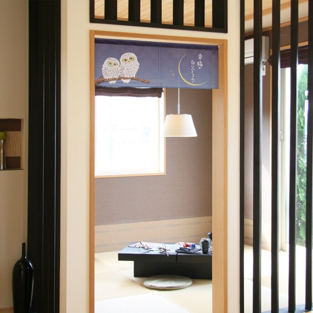 Made to Order Extra Short Japanese Noren Door Curtain Lucky White Owls