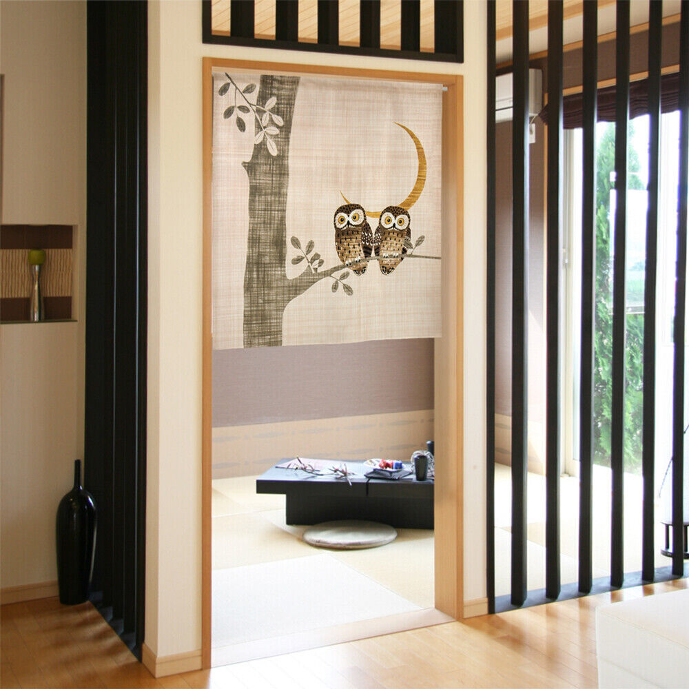 Made to order Short Size Japanese Noren Door Curtain owls & the crescent moon