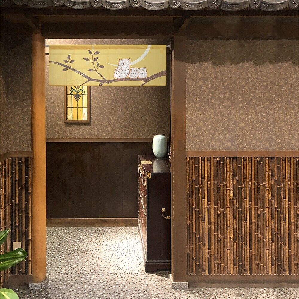 Made to Order Extra Short Japanese Noren Door Curtain Owls & The Crescent Moon