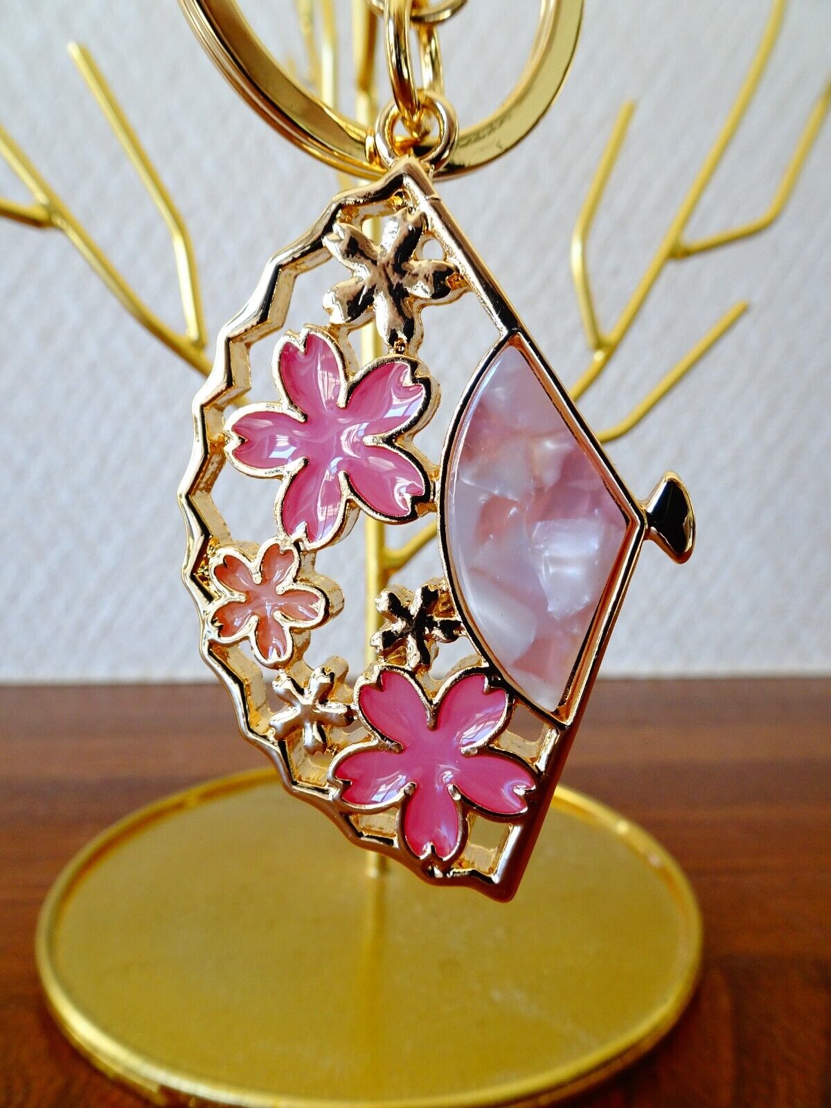 Sakura Cherry Blossoms Stained Glass Japanese Folding Fan Keychain Bag Charm