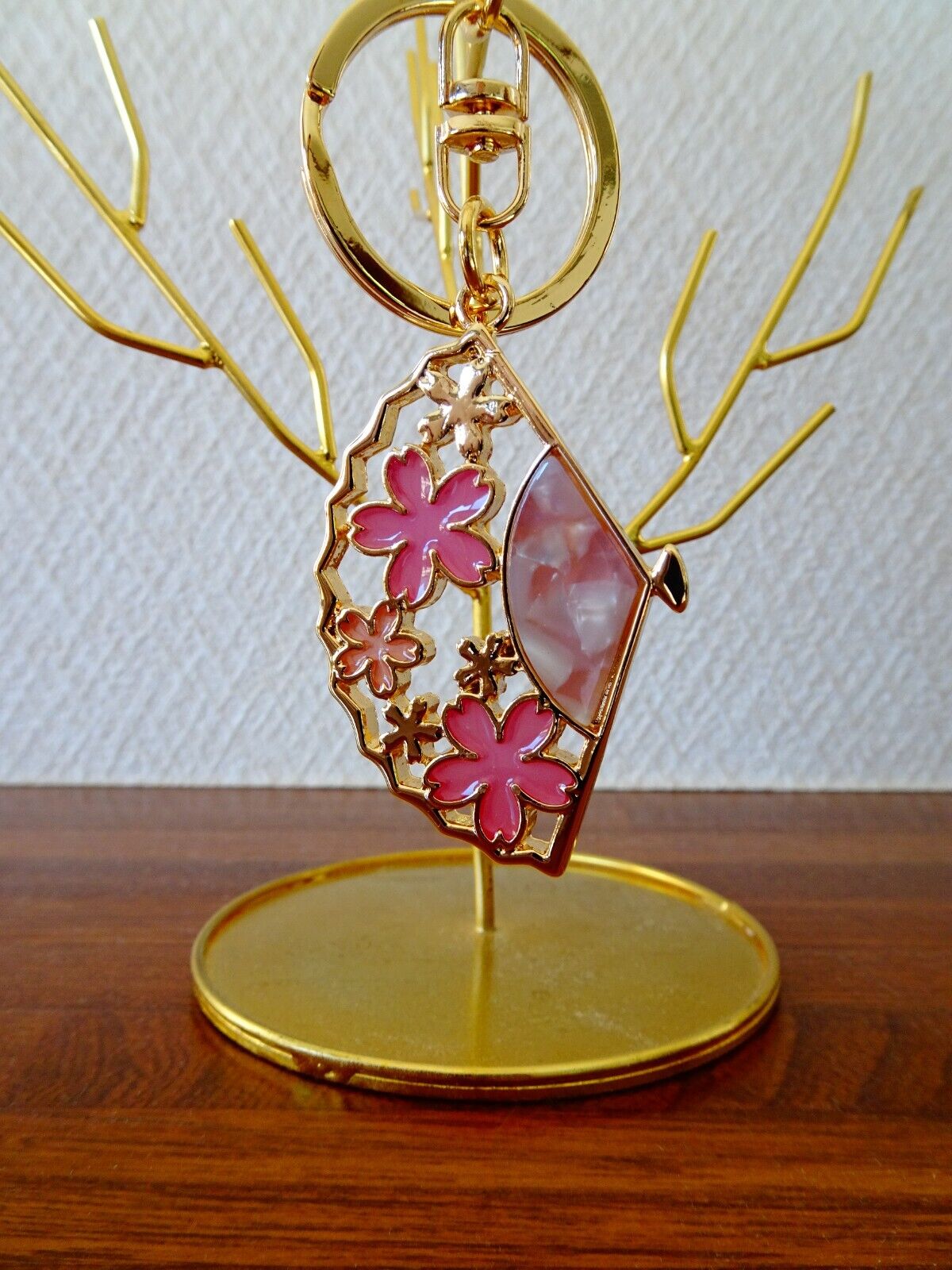 Sakura Cherry Blossoms Stained Glass Japanese Folding Fan Keychain Bag Charm