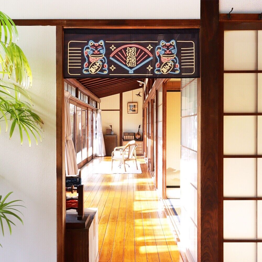 Made to Order Extra Short Japanese Noren Door Curtain Neon-style Maneki neko