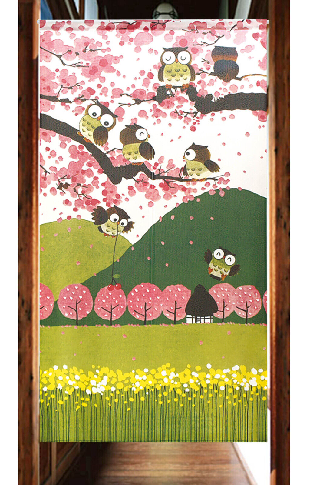 Made to order Premium Japanese Noren Door Curtain Owls in Spring scenery