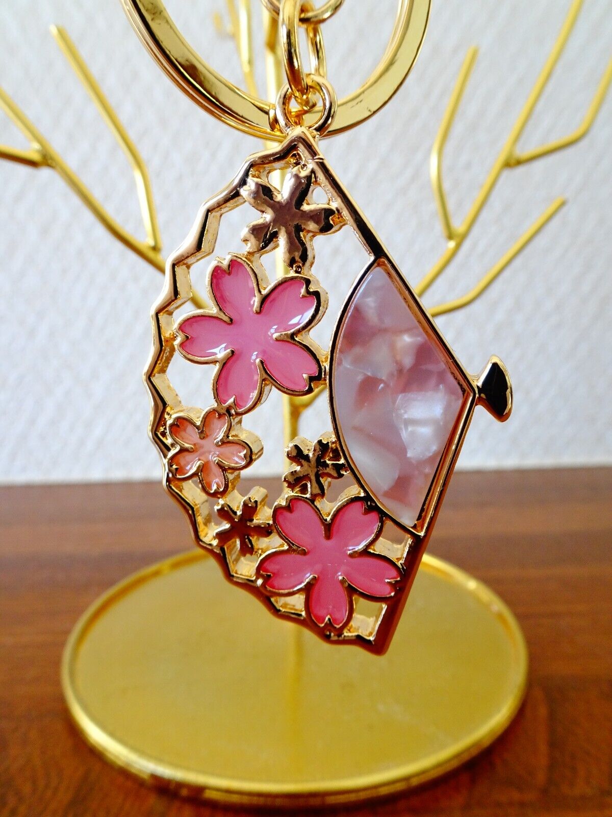 Sakura Cherry Blossoms Stained Glass Japanese Folding Fan Keychain Bag Charm