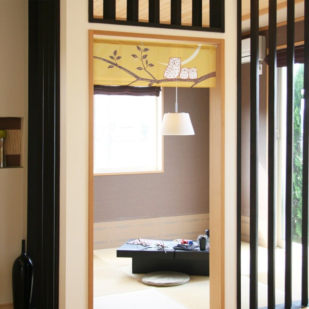 Made to Order Extra Short Japanese Noren Door Curtain Owls & The Crescent Moon