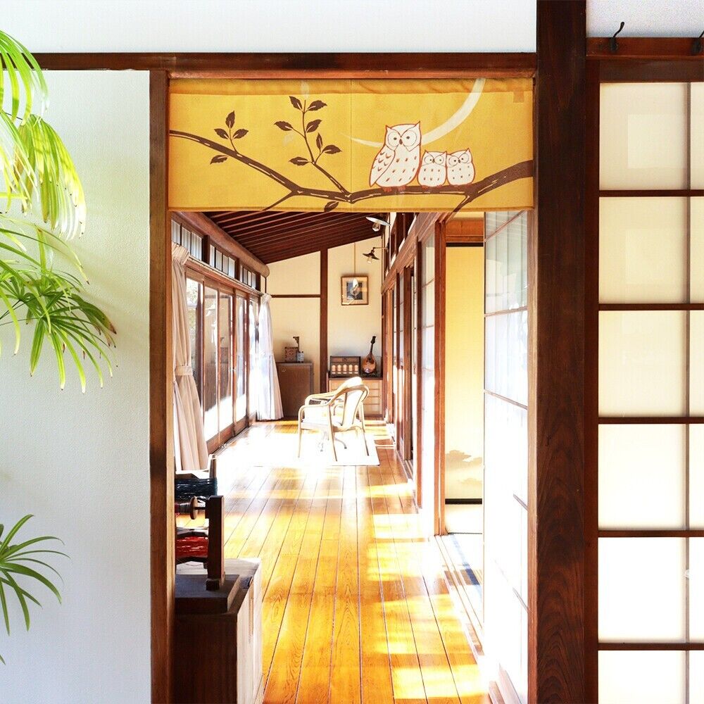 Made to Order Extra Short Japanese Noren Door Curtain Owls & The Crescent Moon