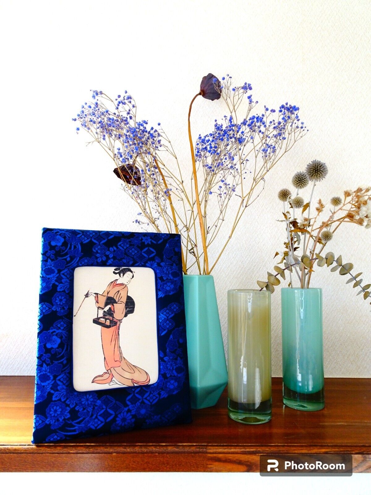 Handcrafted Japanese Kimono Photo Frame, Blue, Unique Oriental Decor Gift Item