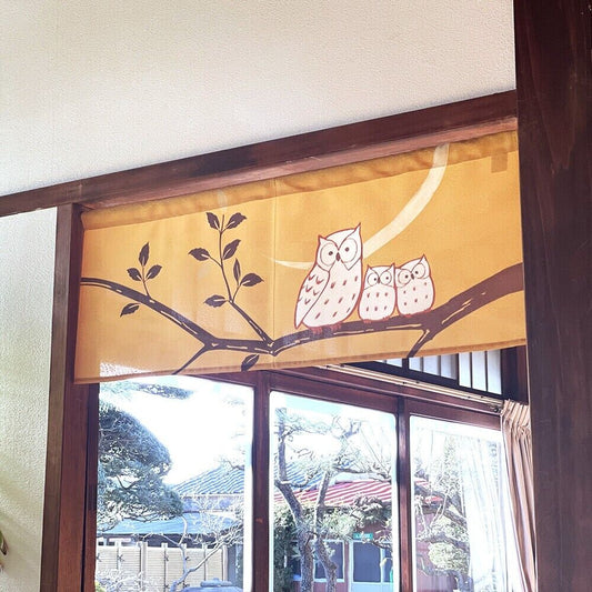 Made to Order Extra Short Japanese Noren Door Curtain Owls & The Crescent Moon
