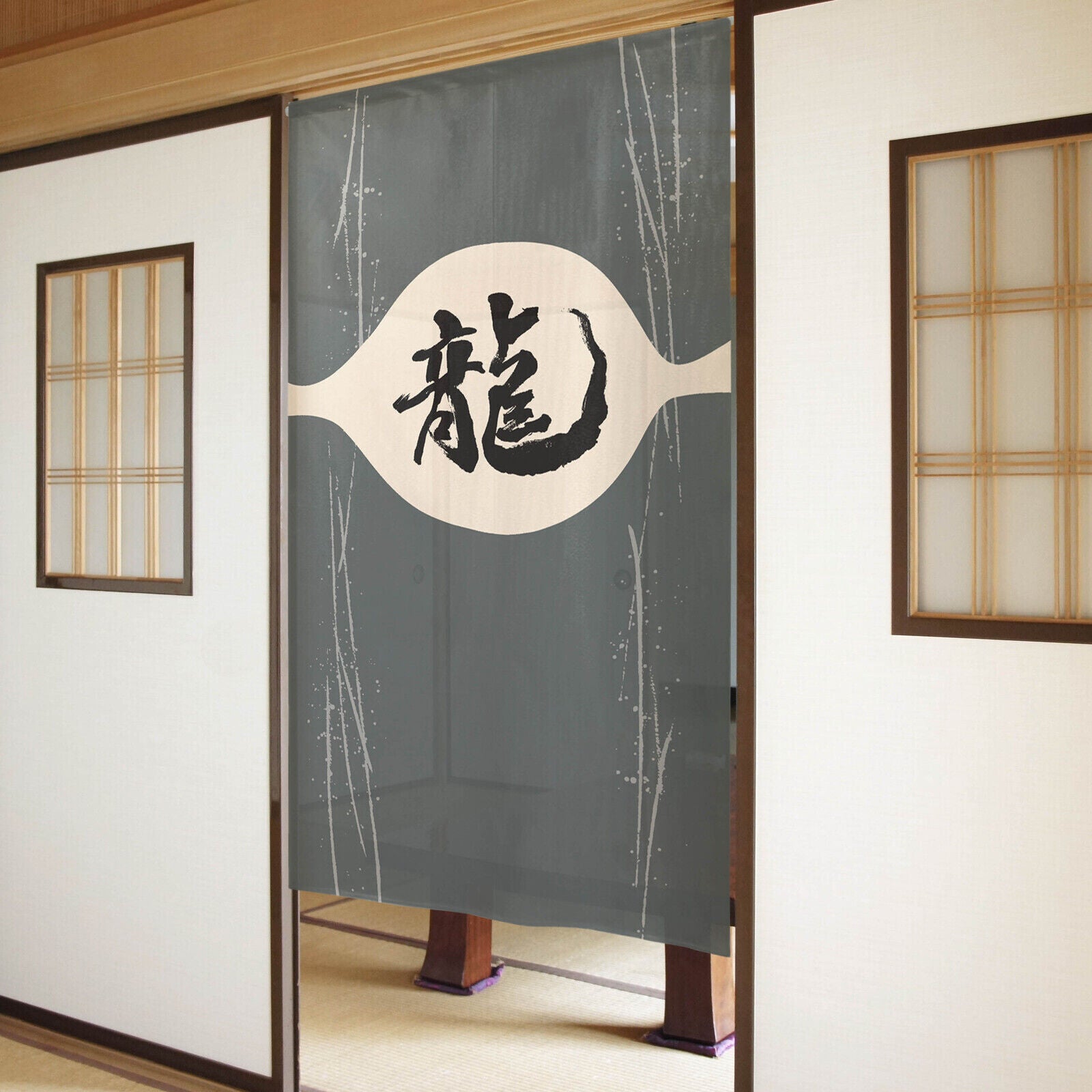 Japanese Noren Door Curtain Room Divider - Dragon in Kanji, Chinese Character