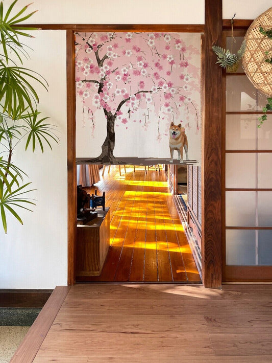 Made to order Short Size Japanese Noren Door Curtain - Shiba inu cherry blossom