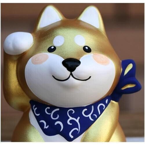 Lucky Shiba inu Unglazed Ceramic Figurine Beckoning Dog Good Fortune Gold NEW