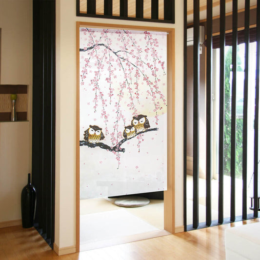 Made to order Premium Japanese Noren Door Curtain Sakura Cherry Blossoms & Owl