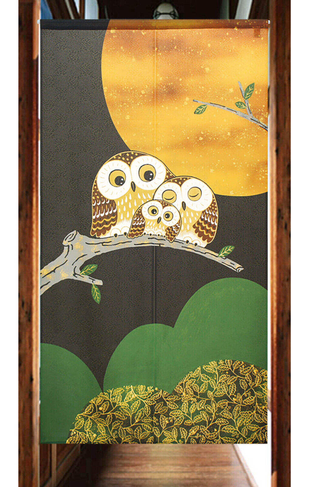 Made to order Premium Japanese Noren Door Curtain Owl Family and Full Moon 