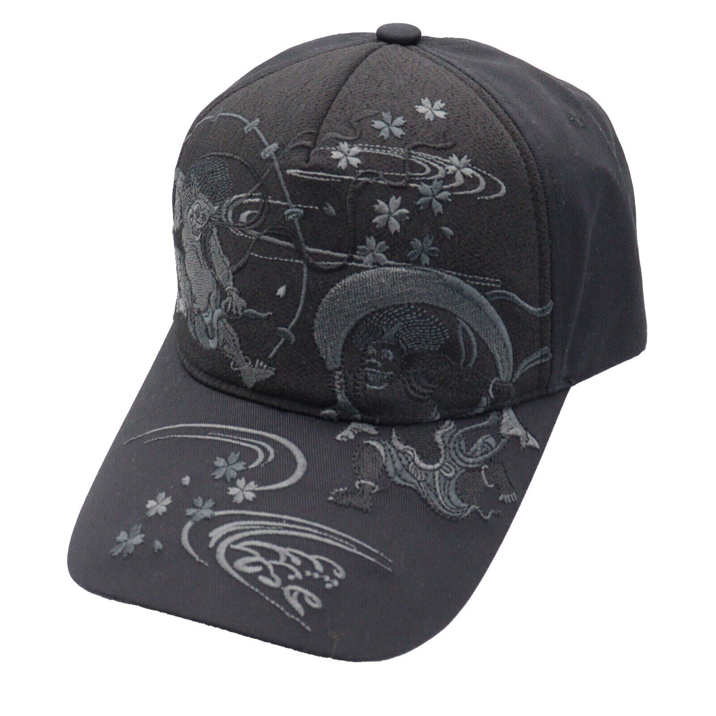 Japanese Pattern Embroidered Cap with Fujin and Raijin Monotone - Free Size
