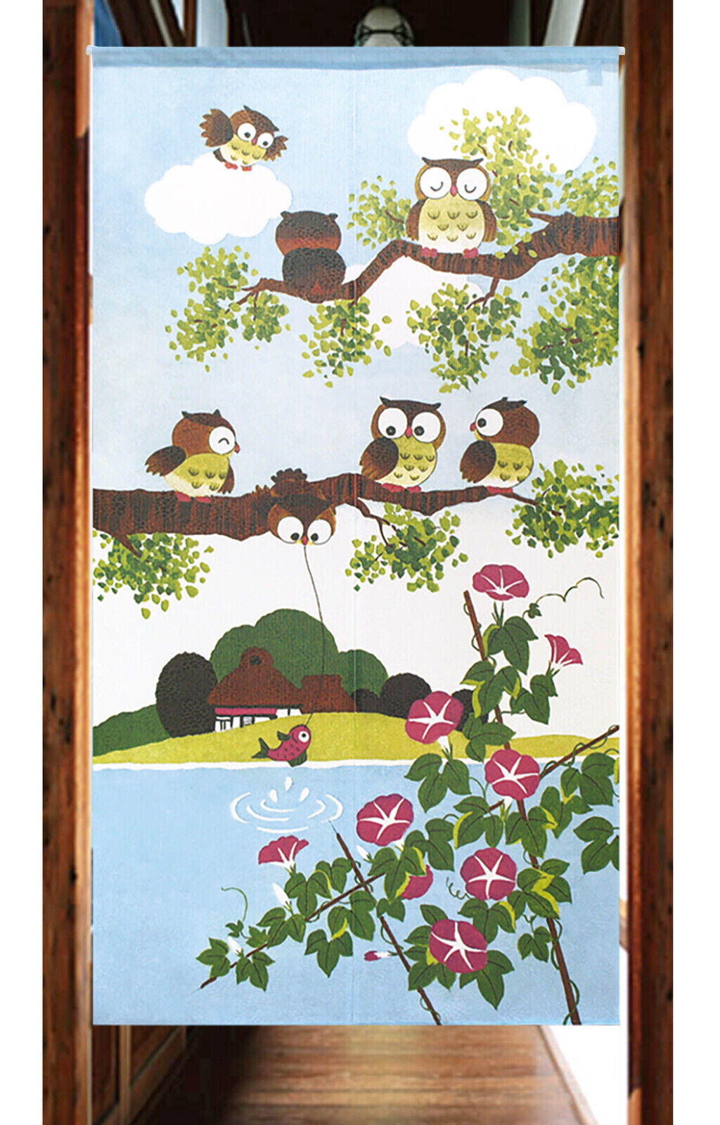 Made to order Premium Japanese Noren Door Curtain Owls & Morning Glory