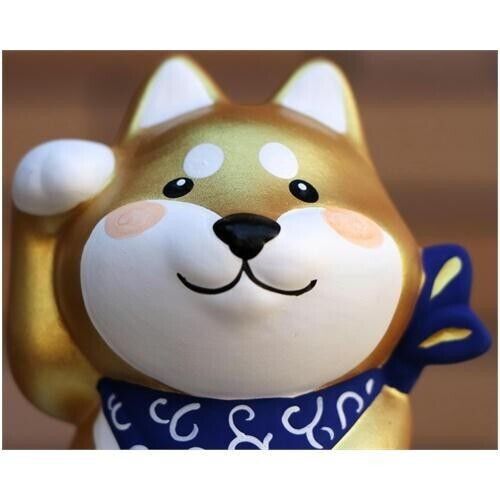 Lucky Shiba inu Unglazed Ceramic Figurine Beckoning Dog Good Fortune Gold NEW