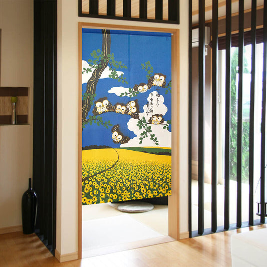 Made to order Premium Japanese Noren Door Curtain 7 Owls & Sun Flower