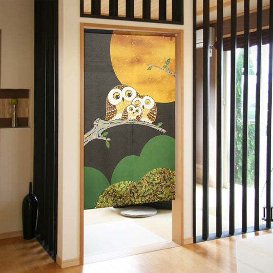 Made to order Premium Japanese Noren Door Curtain Owl Family and Full Moon 