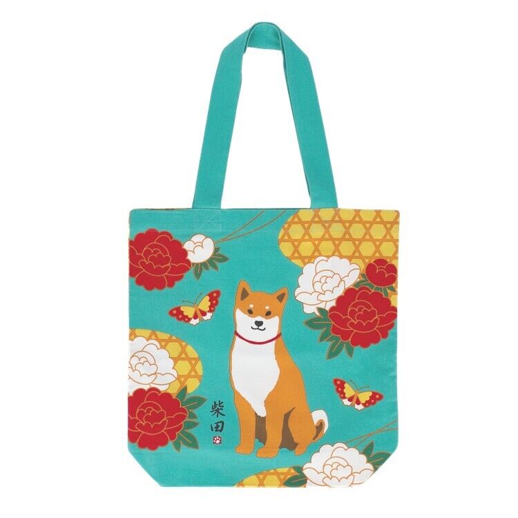 Shiba Inu "Shibata san" Cotton A4 size Tote Bag - Peony pattern