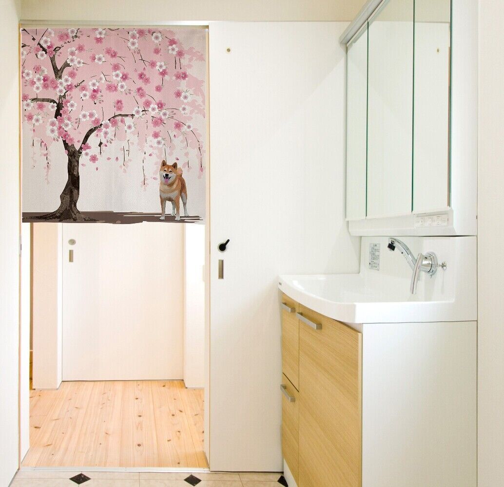 Made to order Short Size Japanese Noren Door Curtain - Shiba inu cherry blossom