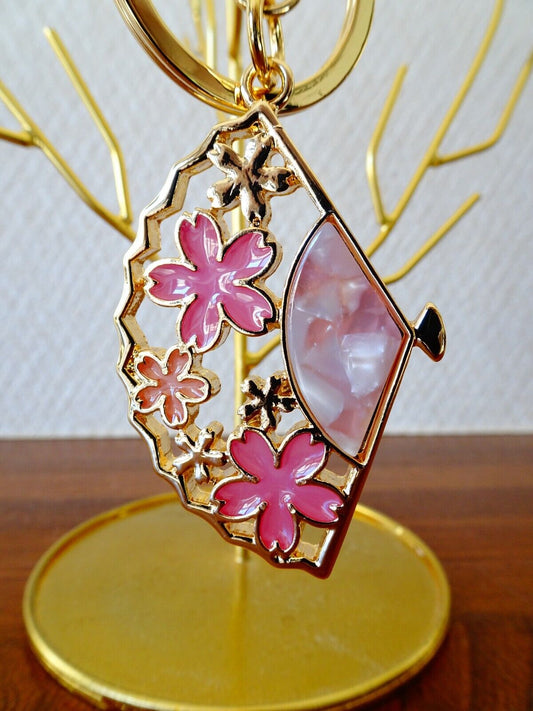 Sakura  Cherry Blossoms Stained Glass Japanese Folding Fan Keychain Bag Charm