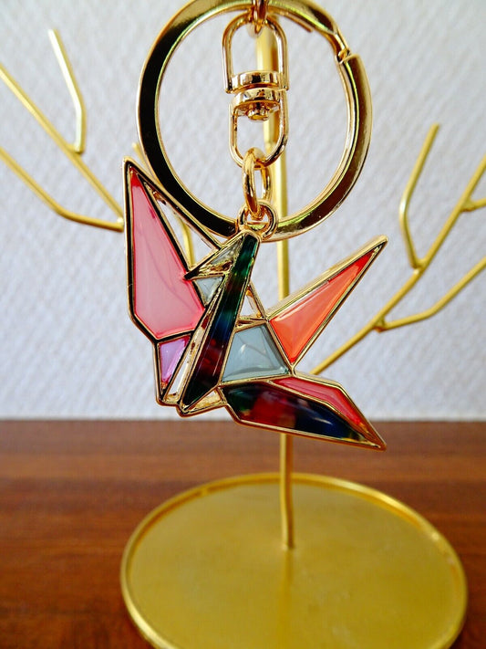 SANSAN Stained Glass Origami Crane Keychain - Japanese Style Gift for Collectors