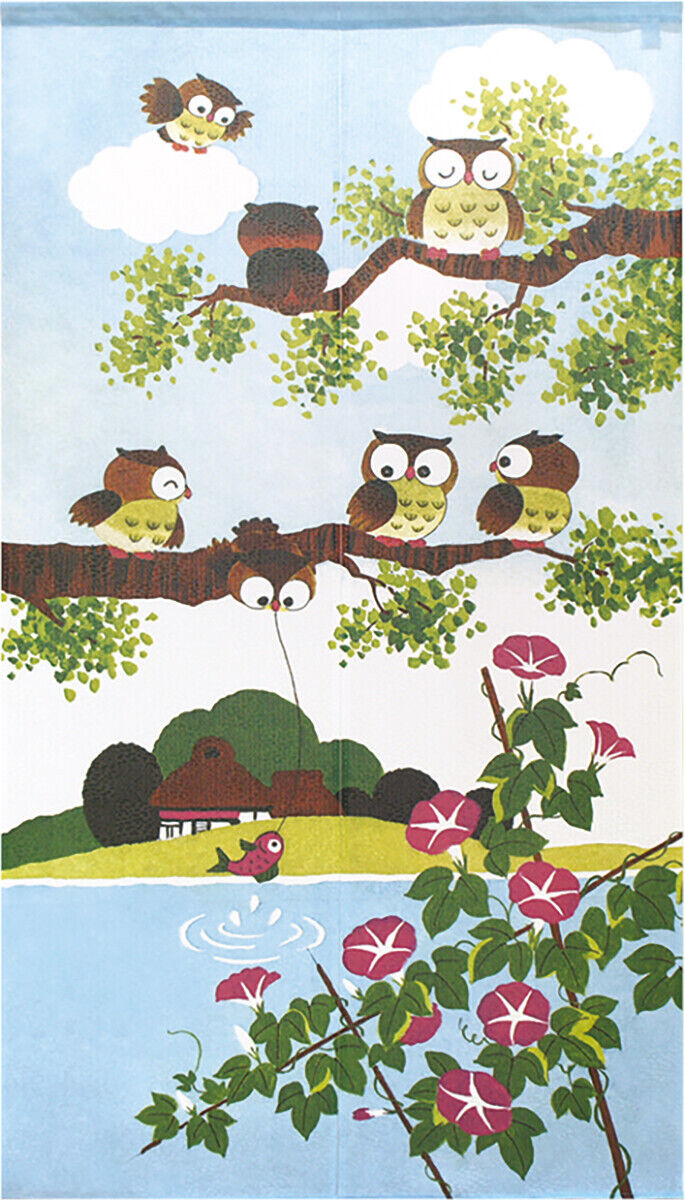 Made to order Premium Japanese Noren Door Curtain Owls & Morning Glory