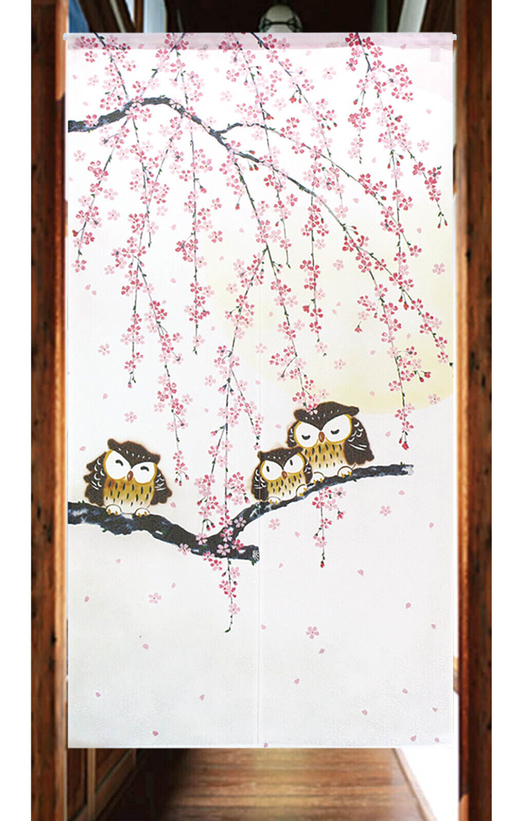 Made to order Premium Japanese Noren Door Curtain Sakura Cherry Blossoms & Owl