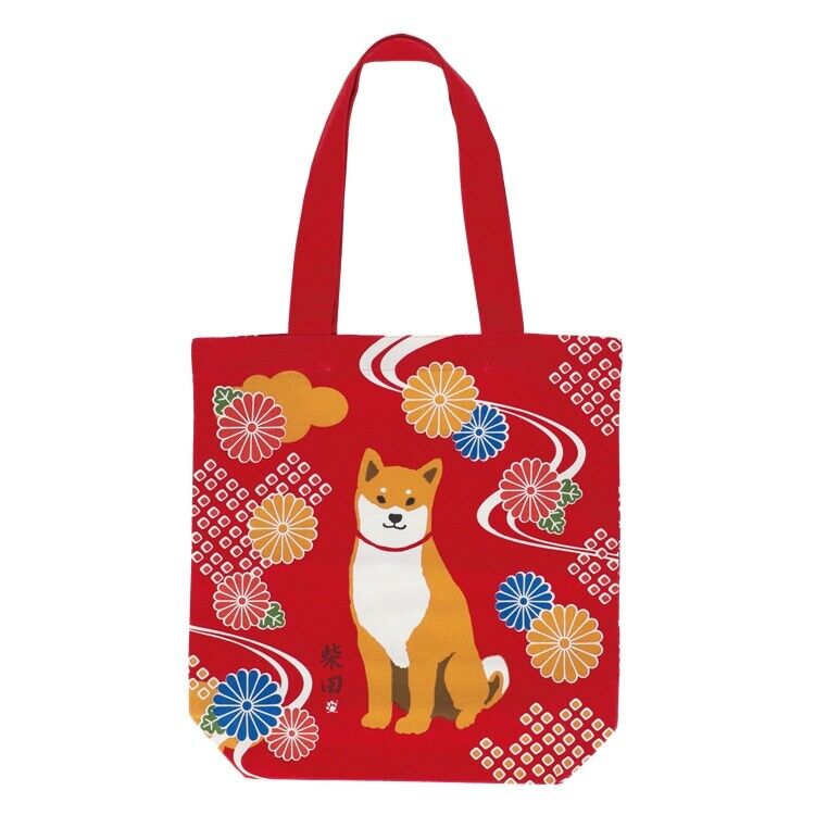 Shiba Inu "Shibata san" Cotton A4 size Tote Bag - Chrysanthemum pattern