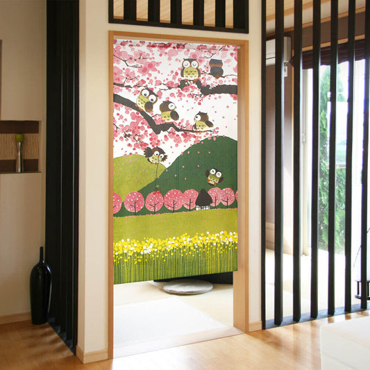 Made to order Premium Japanese Noren Door Curtain Owls in Spring scenery