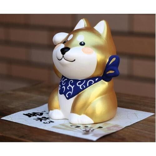 Lucky Shiba inu Unglazed Ceramic Figurine Beckoning Dog Good Fortune Gold NEW