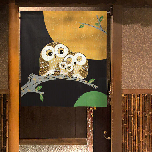 Made to order Short Size Japanese Noren Door Curtain Owl family & the full moon