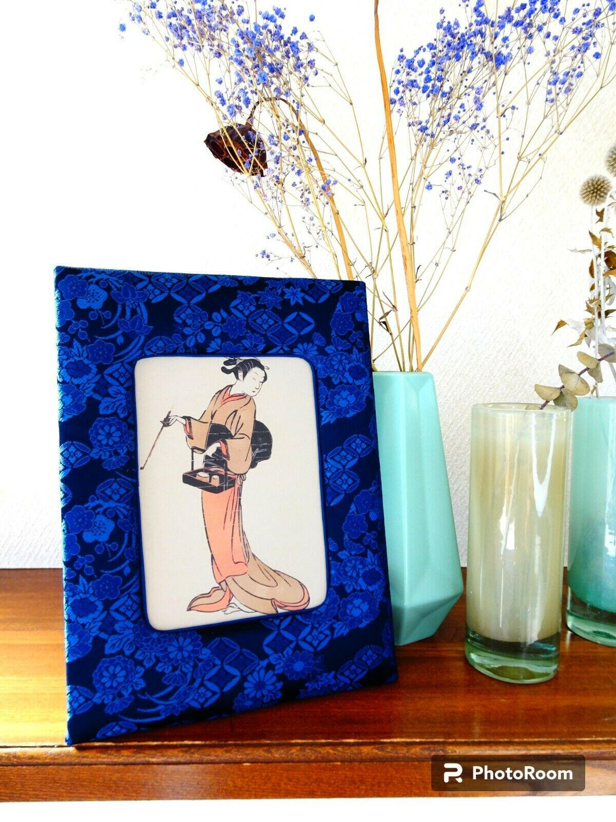 Handcrafted Japanese Kimono Photo Frame, Blue, Unique Oriental Decor Gift Item