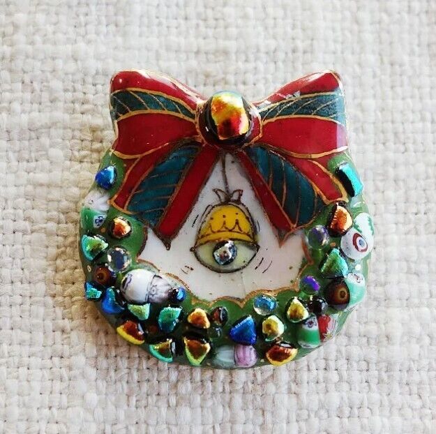 Christmas Wreath - Japanese cloisonné enamel Mini Brooch Made-to-order NEW