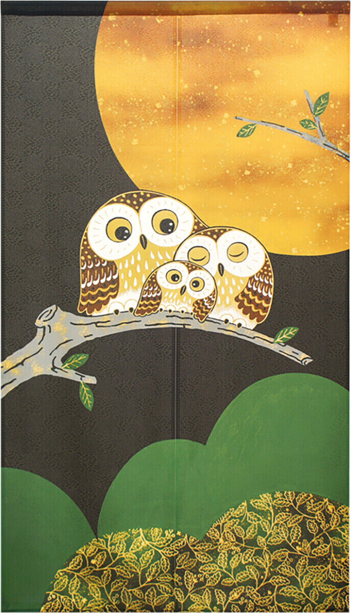 Made to order Premium Japanese Noren Door Curtain Owl Family and Full Moon 