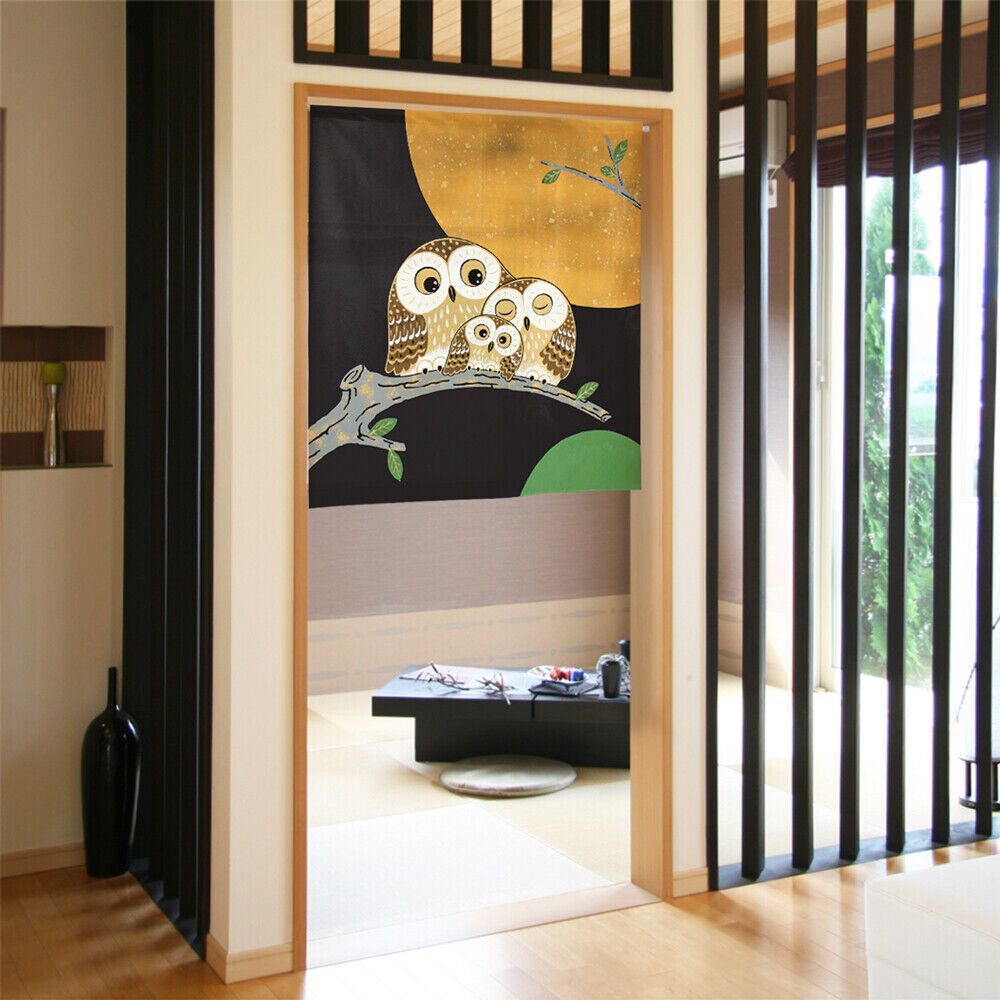 Made to order Short Size Japanese Noren Door Curtain Owl family & the full moon