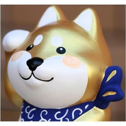 Lucky Shiba inu Unglazed Ceramic Figurine Beckoning Dog Good Fortune Gold NEW