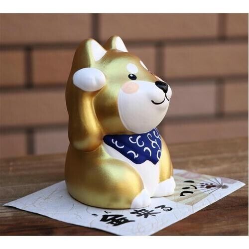 Lucky Shiba inu Unglazed Ceramic Figurine Beckoning Dog Good Fortune Gold NEW