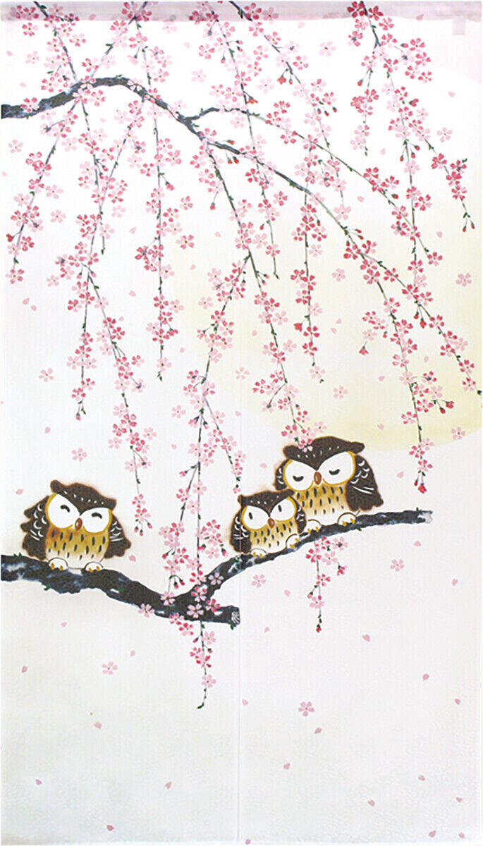 Made to order Premium Japanese Noren Door Curtain Sakura Cherry Blossoms & Owl