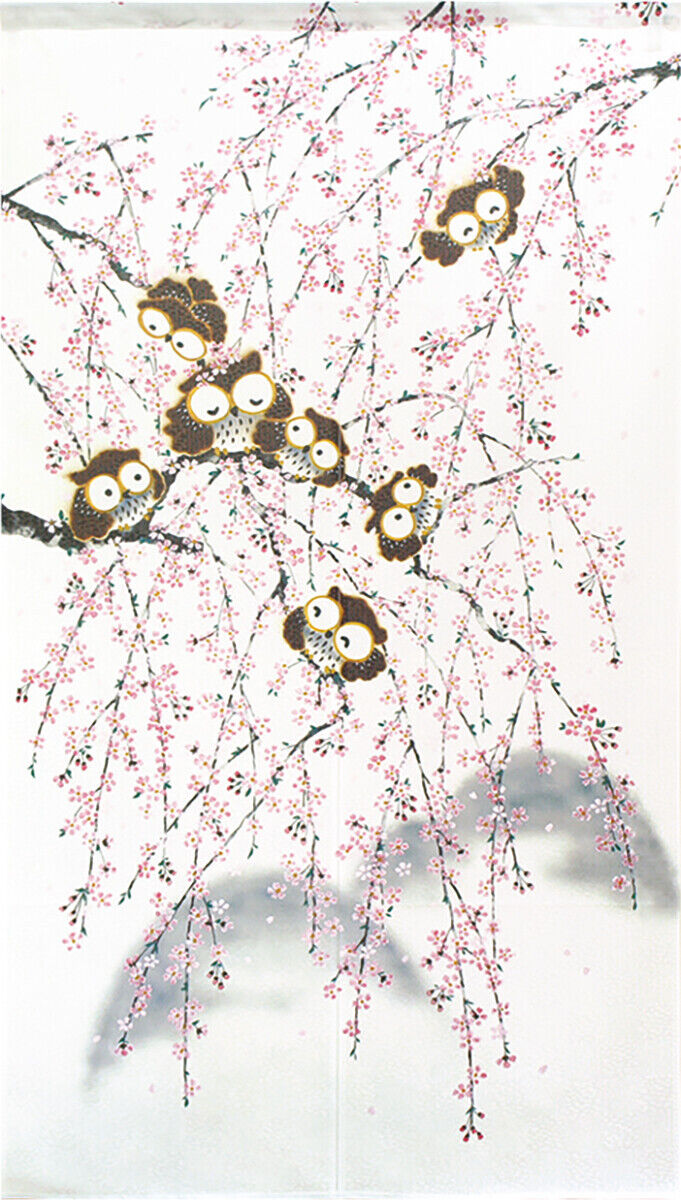 Made to order Premium Japanese Noren Door Curtain Sakura & 7 Owls