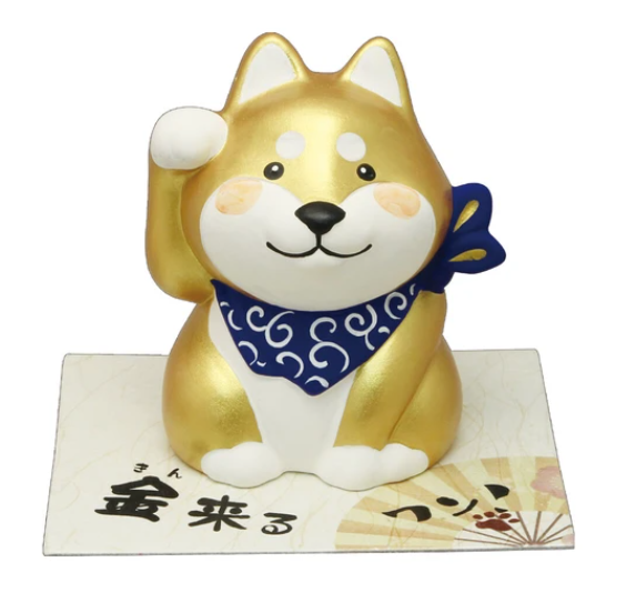 Lucky Shiba inu Unglazed Ceramic Figurine Beckoning Dog Good Fortune Gold NEW