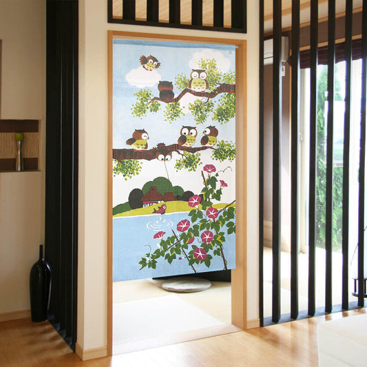 Made to order Premium Japanese Noren Door Curtain Owls & Morning Glory