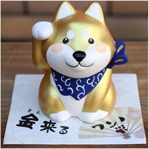 Lucky Shiba inu Unglazed Ceramic Figurine Beckoning Dog Good Fortune Gold NEW