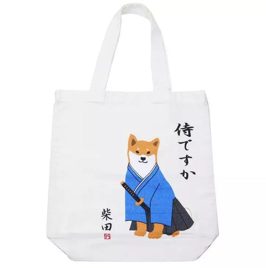 Shiba Inu "Shibata san" in Samurai Costume A4 size Cotton Tote Bag Shopping Bag