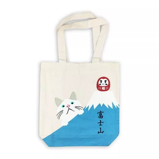 FRIENDSHILL White Cat "TAACHAN" A4 size Cotton Tote Bag : Mt. Fuji and Daruma