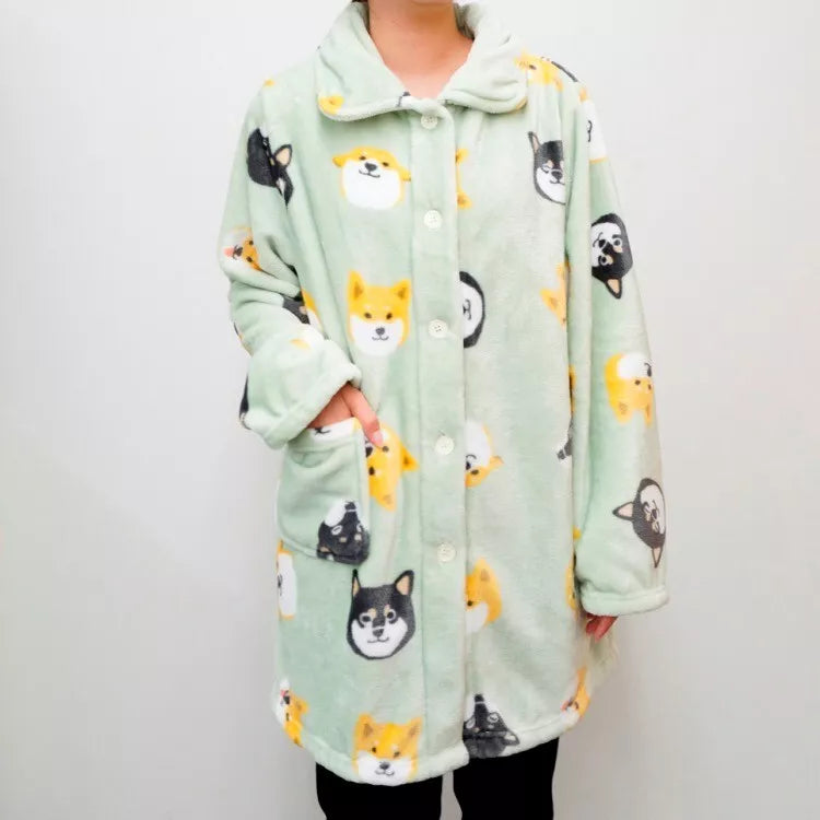 Shiba inu "Shibata san" Fluffy Winter Robes Room Wear Light Green