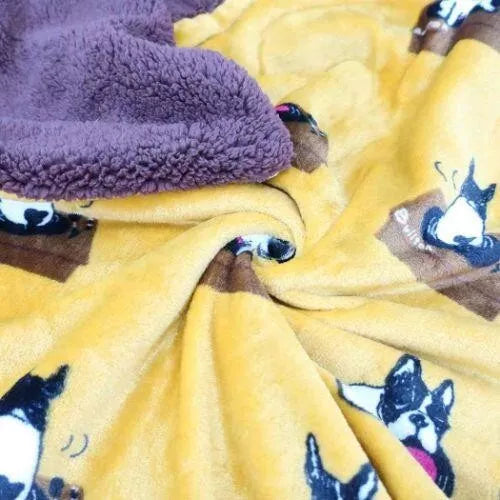 French Bulldog "Bullton" Boa-lined Blanket 29×39" Mustard Yellow NEW