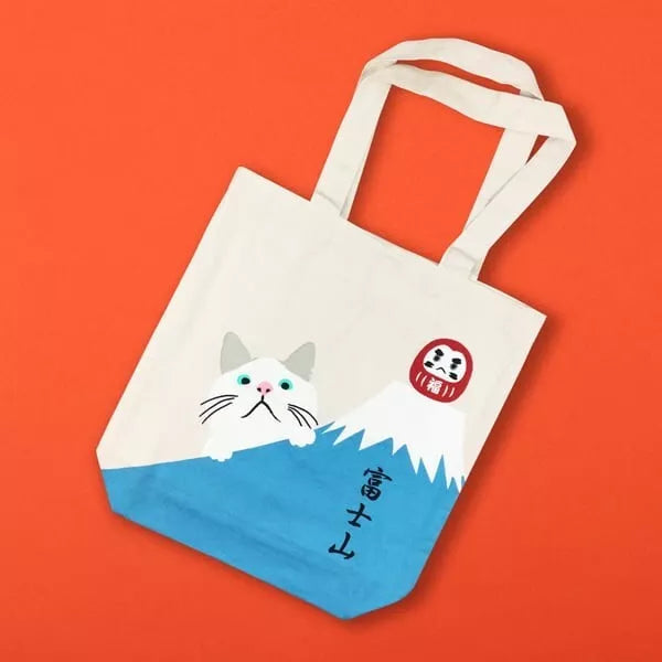 FRIENDSHILL White Cat "TAACHAN" A4 size Cotton Tote Bag : Mt. Fuji and Daruma