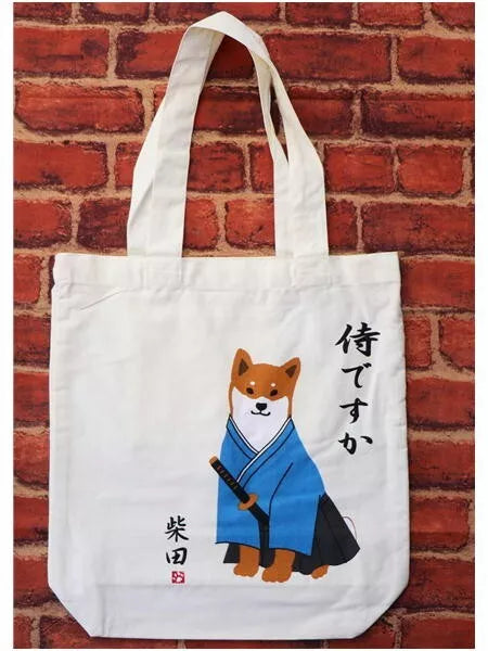 Shiba Inu "Shibata san" in Samurai Costume A4 size Cotton Tote Bag Shopping Bag